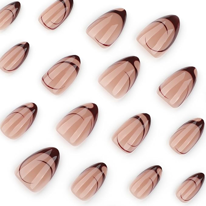 XZMeiLun Brown French Tip Press On Nails Acrylic for Women - Designer Fake Nails Short Almond 24PCS, Glossy Soft Gel with Glue, Outdoor Picnic/Wedding/Party Reusable Glue On Nails Stick On Nails Gift