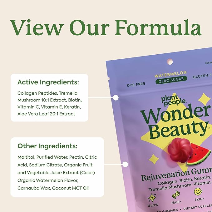 Plant People WonderBeauty Hair, Skin & Nails Rejuvenation Gummies with Tremella Mushroom, Marine Collagen Peptides, Keratin, & Biotin – Watermelon Flavor, 60 Gummies