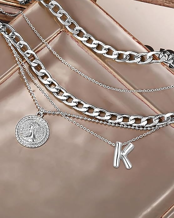 MJartoria Layered Necklaces for Women Trendy Balloon Initial Coin Pendant Necklace Dainty Chunky Chain Choker Necklaces Jewelry Birthday Gifts
