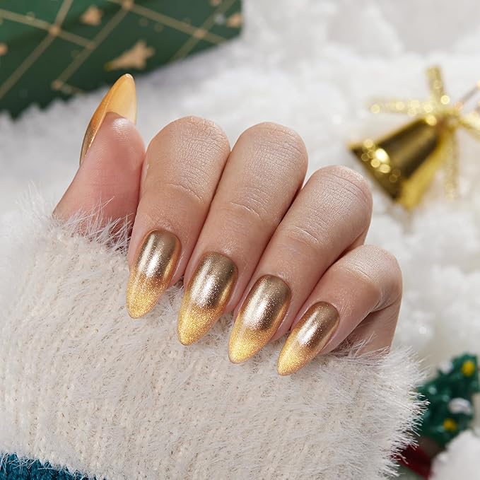 VSALON Press on Nails Medium Almond - Metallic Golden Ombre Cat Eye Glue On Nails for Women, New Year Salon Quality Fake Nails - 32 PCS Stick on Nails in 16 Sizes with Glue & Cuticle Oil