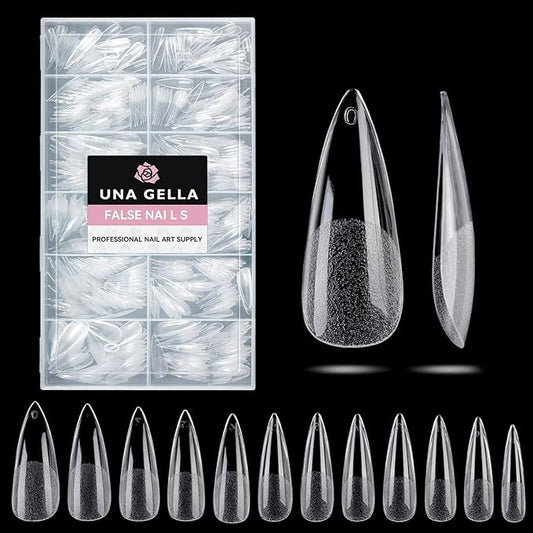 UNA GELLA Long Stiletto Gel Nail Tips Full Cover 504PCS Pre-shape Long Stiletto Almond Fake Clear Nails Tips No Need File Gel Tip No C Curve for Nail Extension DIY Art Salon 12 Sizes