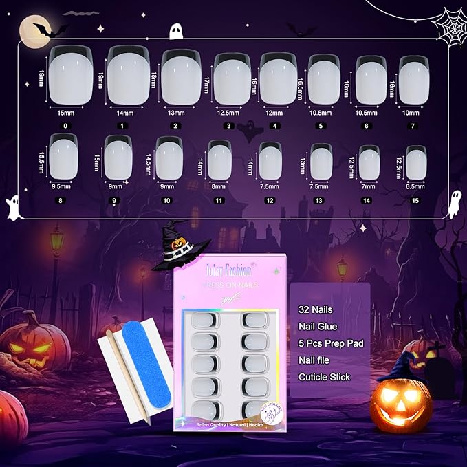 French Tip Press On Nails - Gothic Square,Black Halloween Press On Nails, Acrylic Square Short Halloween Nails with Nail Glue, Fit Perfectly & Natural Stick On Nails in 16 Sizes - 32 PCS Soft Gel Kit