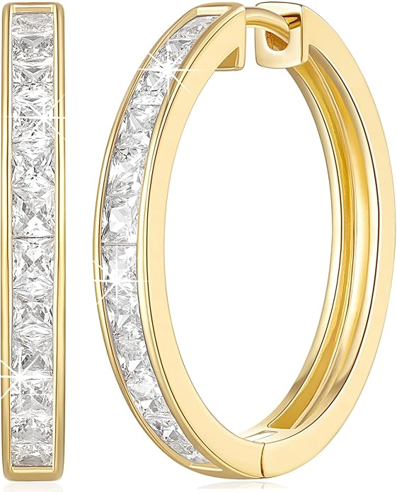 CHLOÉ LOVETT Gold Earrings 14K Gold Hoop Earrings for Women Diamond Hoop Earrings for Womens Earrings Dazzling Square Cubic Zirconia Gold Huggie Hoop Earrings 13mm 25mm