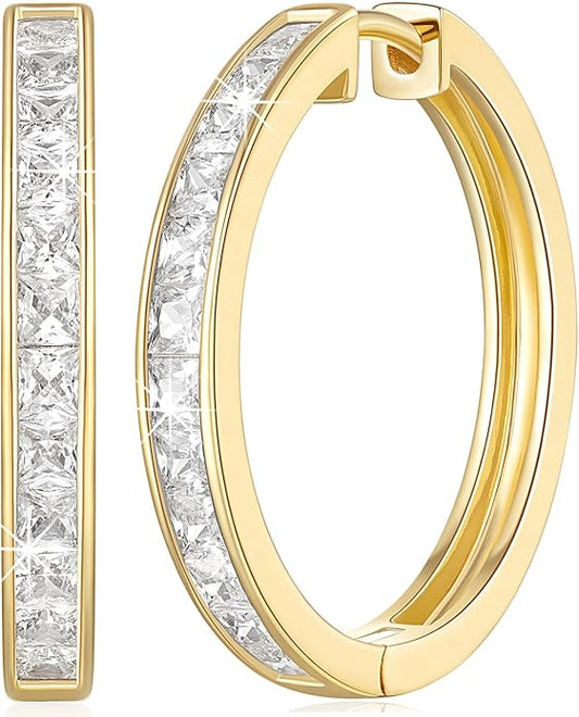 CHLOÉ LOVETT Gold Earrings 14K Gold Hoop Earrings for Women Diamond Hoop Earrings for Womens Earrings Dazzling Square Cubic Zirconia Gold Huggie Hoop Earrings 13mm 25mm