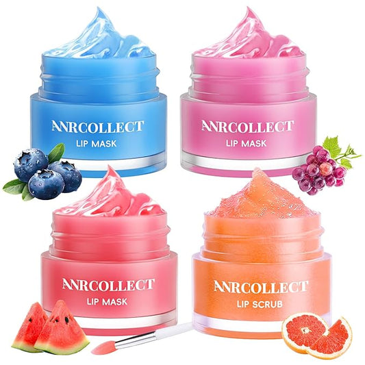 ANRCOLLECT Lip Mask Set, 1 Lip Scrub +3 Overnight Lip Mask, Lip Glowy Balm and Scrub for Women, Exfoliating and Hydrating Dry, Chapped, Crack Lips, 4 Pack Lip Skincare Gift Set, Valentines Day Gifts