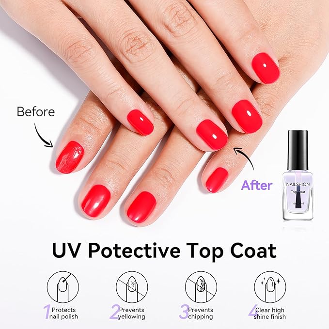 Nailshion Clear Base Top Coat Anti-UV, 2PCS Calcium & VE Base Nail Strengthener High Shine Top Coat, Chip Resistant Quick Air Dry, Protects Color & Nails Prevents Discoloration Women Gift