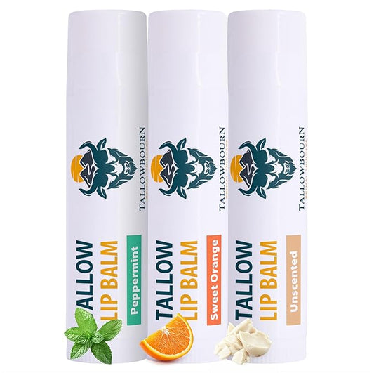 Moisturizing Tallow Lip Balm – Grass-Fed Beef Tallow with Organic Coconut Oil, Beeswax, and Vitamin E – Lip Balm Set – Variety Pack – Travel Essential – 3-Pack