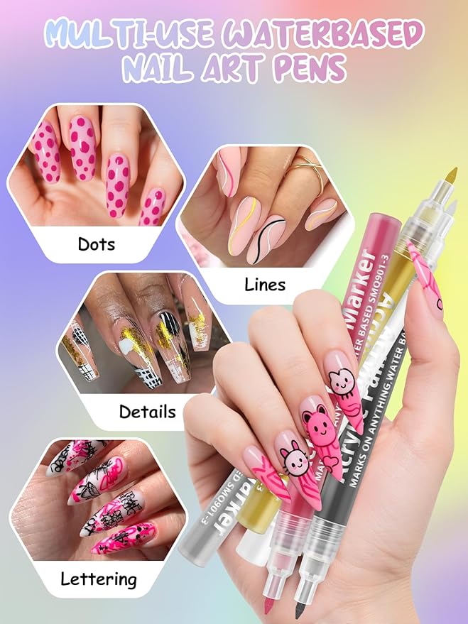 EBANKU Nail Art Pens, 3D 0.7MM Nail Polish Pens Quick-Drying Nail Art Markers Acrylic Paint Pens Nail Point Dotting Liner Pen Tools for Home & Salon Nail DIY（White）