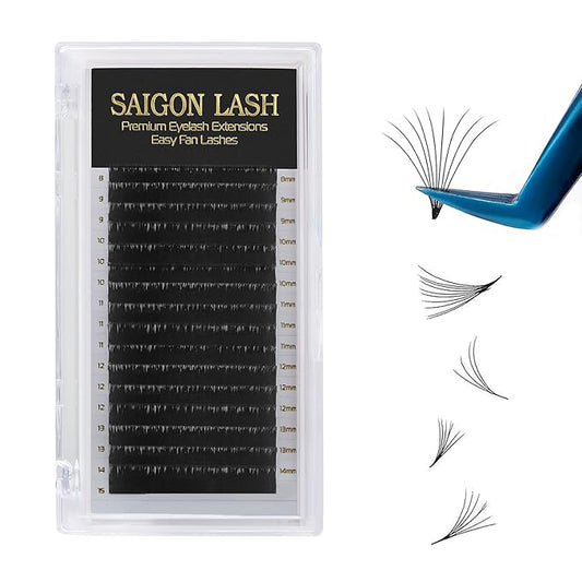 SAIGON LASH Easy Fan Eyelash Extensions, Volume Lash Tray for Lash Techs, C/CC/D Curl, 0.03/0.05/0.07mm Thickness, 8-15mm Mixed Lengths, 16 Rows, Soft PBT Material, Black (C-0.05)