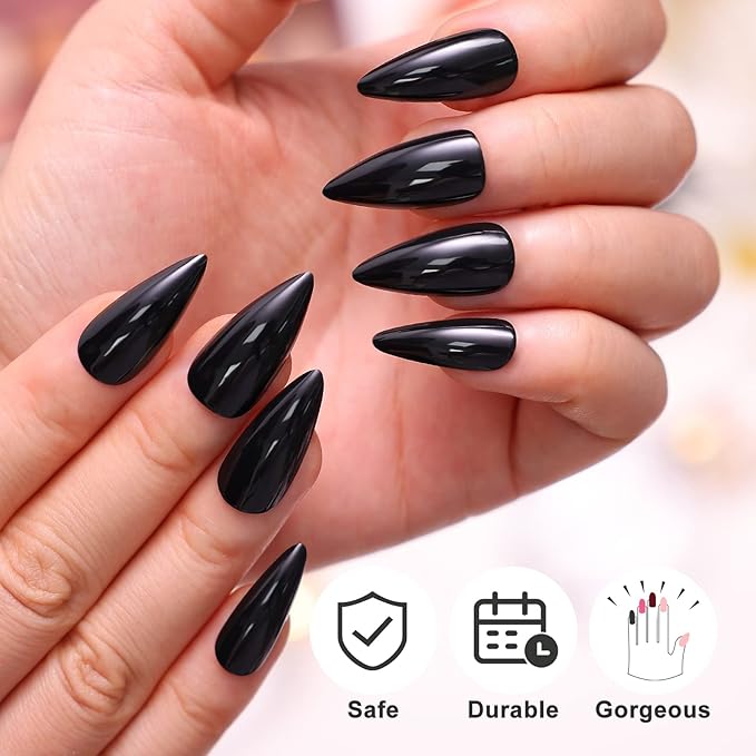 morily 24Pcs Black Press on Nails Stiletto Fake Nails Medium Length Almond False Nails Tips Long Acrylic Glossy Stick on Nail Solid Color Full Cover Fingernails Manicure for Women (Black)
