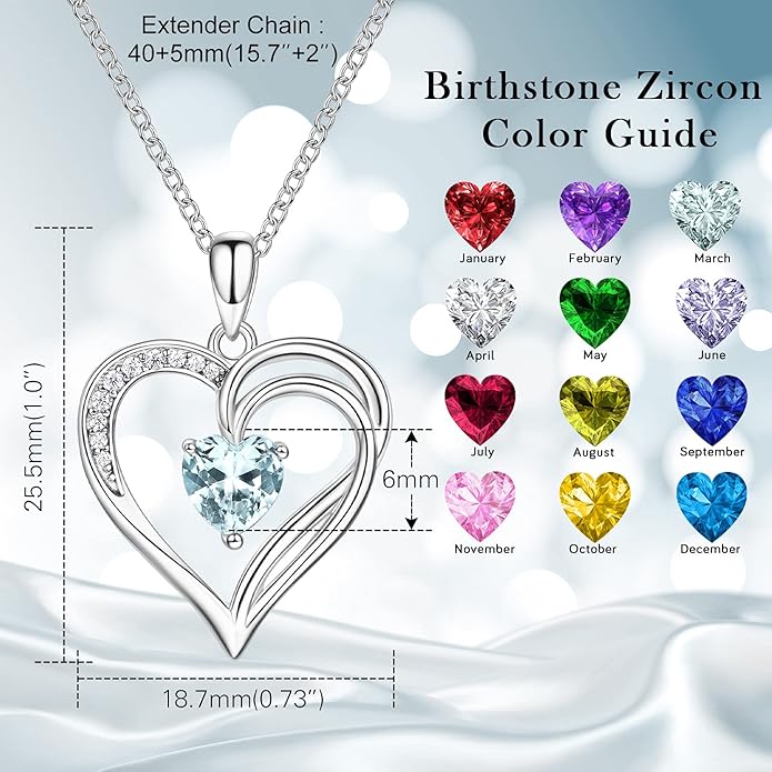 AM ANNIS MUNN 925 Sterling Silver Heart Necklace for Women Birthstone Necklace Silver Jewelry for Womens Jewelry Gifts for Women Her Mom