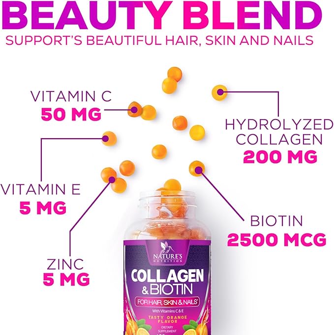 Collagen Gummies with 2500mcg Biotin, Vitamin C & Zinc - Hydrolyzed Collagen Peptide Type 1 & 3 Supplement - Advanced Hair, Skin & Nail Growth Support for Women & Men, Gluten Free, Non-GMO - 60 Count