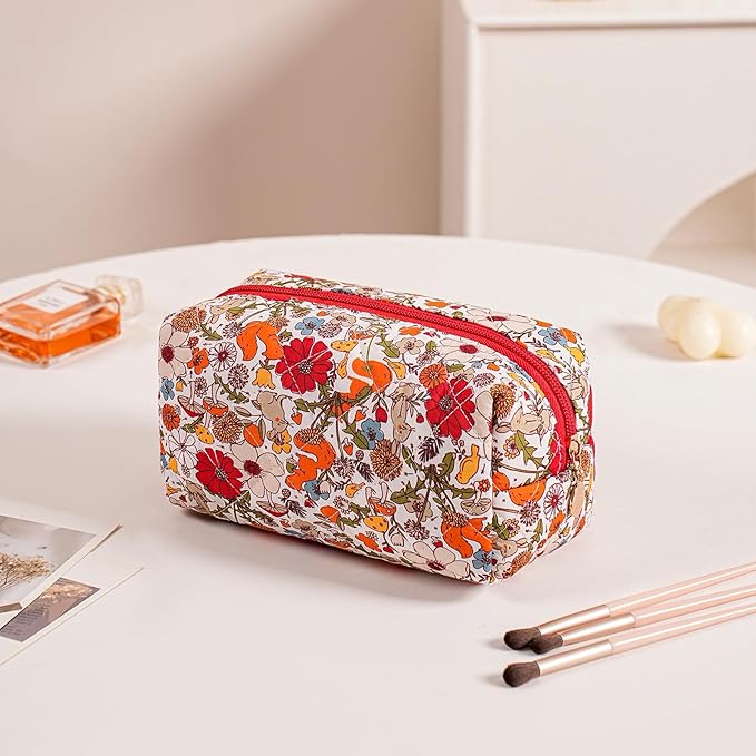 Cute Floral Makeup Bag Small Cotton Quilted Cosmetic Bag, Aesthetic Essential Bag Emergency Bag Gift for Women Girls Travel Accessories (Orange Squirrel)