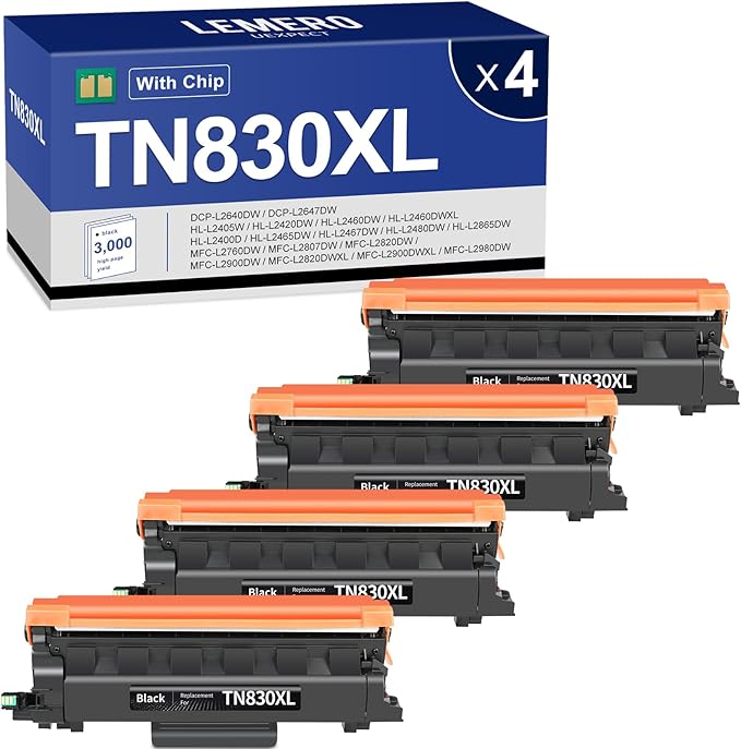 TN830XL Toner Compatible Replacement for Brother TN830 XL TN830XL Toner for Brother Printer for HL-L2460DW DCP-L2640DW MFC-L2820DW HL-L2405W HL-L2400D HL-L2480DW MFC-L2820DWXL Printer (Black, 4 Pack)
