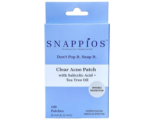 Snappios Clear Acne Patches – Pharmacist‑Formulated Hydrocolloid Pimple Stickers with Salicylic Acid & Tea Tree Oil (108 Count, 8 mm & 12 mm) – Invisible, Gentle & Fast‑Acting