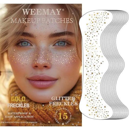 15 Pcs Gold Glitter Freckles Face Tattoo, Gold glitter Freckles Makeup Patches, Waterproof Sparkle Freckles, Glitter Freckles Face Temporary Tattoos for Women