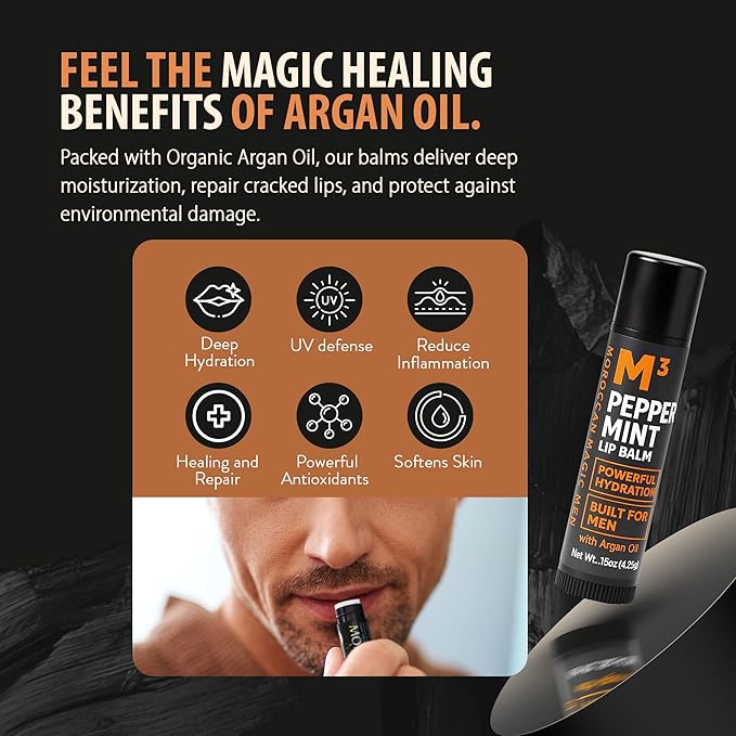 Moroccan Magic Men M3 Organic Peppermint Lip Balm 3 Pack | Ultra-Hydrating & Moisturizing | Natural Mint Lip Repair for Dry Lips | Non-Toxic | Organic Lip Balm for Men