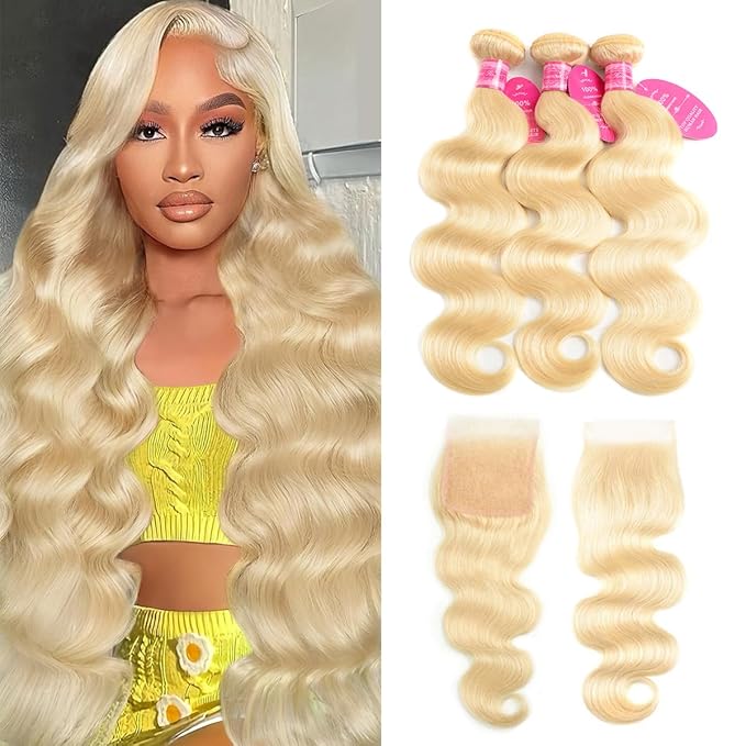 613 Bundles Blonde Human Hair Body Wave Bundles with 4 X 4 Closure (18 20 22+16 Inch) 100% Unprocessed 12A Grade Brazilian Virgin Hair Quick Weave Extensions for Women