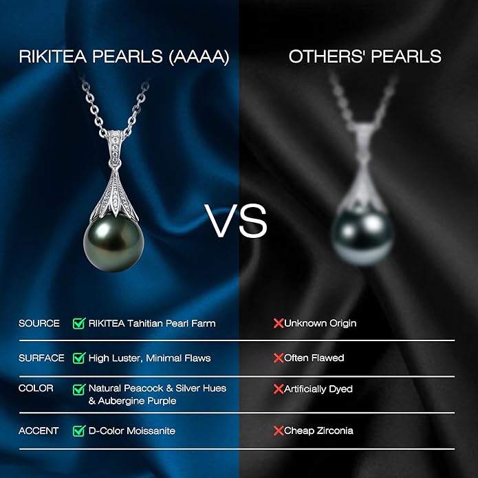 Genuine Tahitian Black Pearl Necklace for Women, 9-13mm AAAA Seawater Pearl - Sterling Silver Moissanite Pendant, Wedding Anniversary, Birthday, Christmas Gift for Wife, Mom, Girlfriend, Fine Jewelry