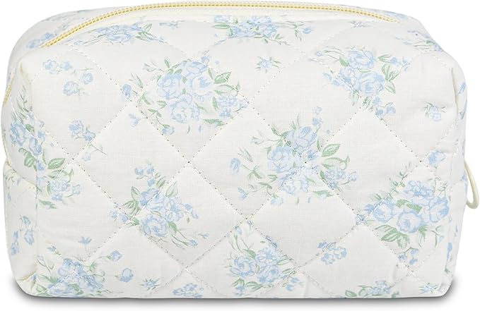 Quilted Makeup Bag Floral Cotton Make up Bag Puffy Coquette Makeup pouch Aesthetic Cute Travel Toiletry Bag for Women Girls