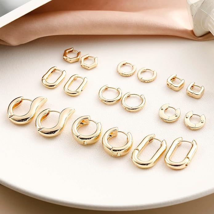 HILXURY Gold Chunky Hoop Earrings Set for Women, 14K Gold Plated Twisted Huggie Hoop Earring Hypoallergenic, Thick Open Hoops Set Lightweight