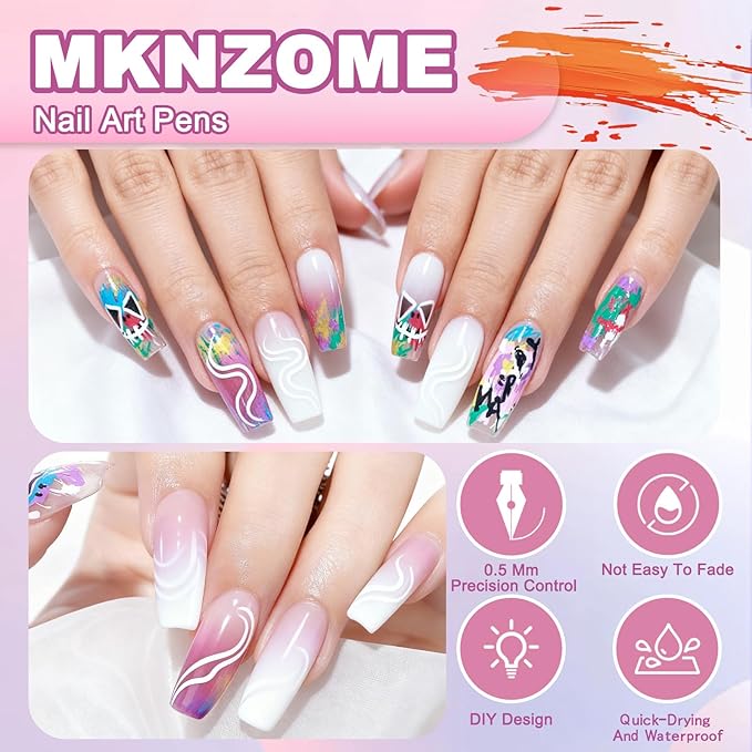 MKNZOME Nail Art Pens Set, 12 Color 0.5 MM Nail Art Markers Nail Polish Pens Drawing Painting Point Liner Painted Kit, Waterproof and Quick-drying Nail for DIY Design Manicure Tools