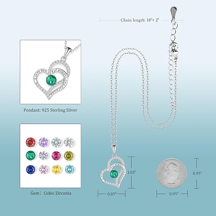 LynChoe Birthday Gifts Double Heart Birthstone Necklace for Women, S925 Sterling Silver Pendant Necklace Jewelry for Her Mother Mom Wife Girlfriend