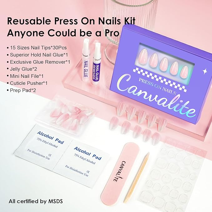 Canvalite Short Press On Nails, Almond Press on Nails Short Pink White Ombre Glossy Reusable Acrylic Fake Nails with Glue & Glue Remover Easy to Use 30Pcs Manicure Kit for Women