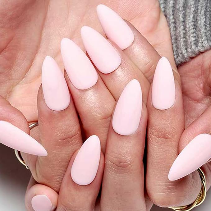GLAMERMAID Light Pink Press on Nails Medium Almond, Spring Summer Nude Neutral Velvet Dull Gel Glue on Nail Stiletto, Matte Fake Nails Short Oval，Reusable Acrylic Stick on False Nail Kits for Women
