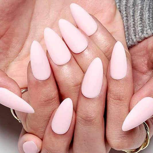 GLAMERMAID Light Pink Press on Nails Medium Almond, Spring Summer Nude Neutral Velvet Dull Gel Glue on Nail Stiletto, Matte Fake Nails Short Oval，Reusable Acrylic Stick on False Nail Kits for Women