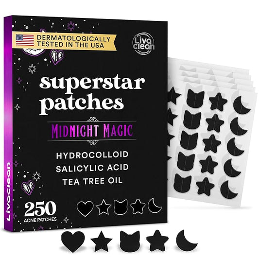 LivaClean 250CT Black Star Pimple Patches for Face - Hello kitty Pimple Patches Black w/Salicylic Acid & Tea Tree Oil - HSA/FSA Compliant Hydrocolloid Acne Patch, Cute Face Stickers, Zit Patch