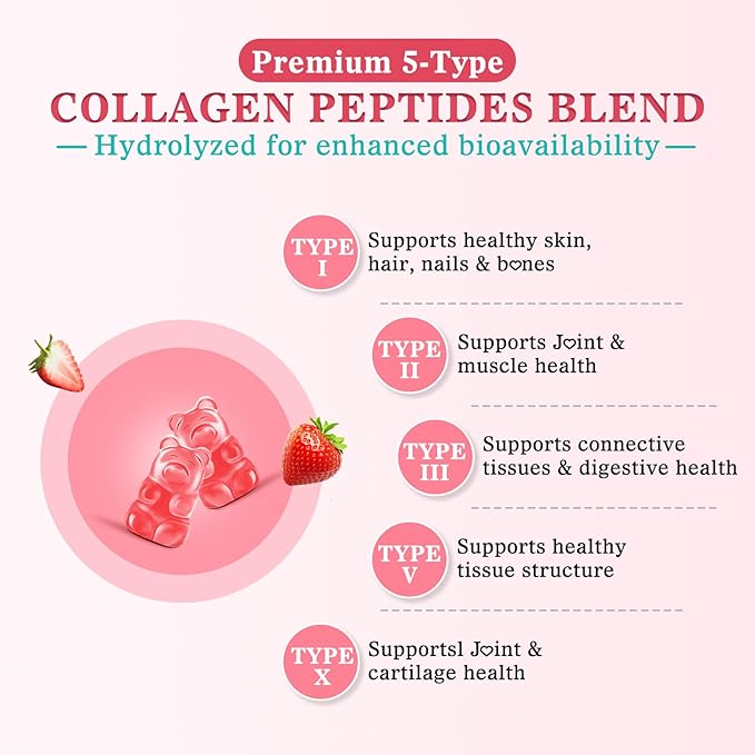 Vazatisi Sugar Free Collagen Gummies for Women Men, Multi Collagen Peptides Gummies Type I II III V X with Biotin Vitamin A B C D E for Hair Skin Nails, Strawberry Flavor, 60 Count