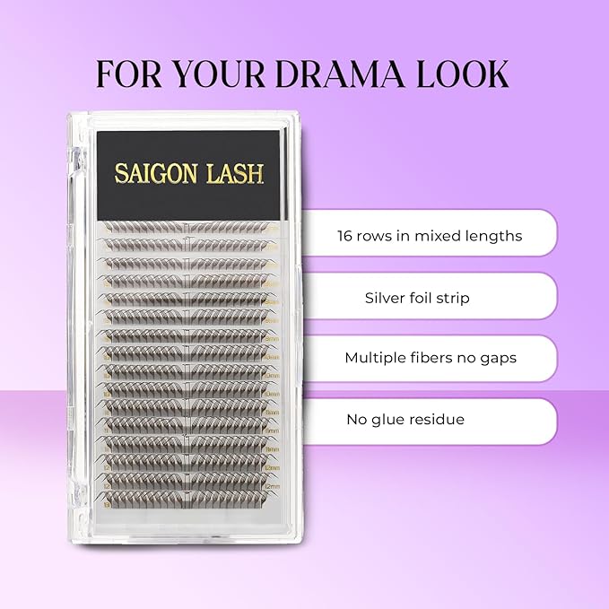 SAIGON LASH Foxy Effect Promade Fans – Wispy Volume Lashes, CC Curl 0.07, 6–13mm Mixed Length, Handmade Loose Lash Extensions for Natural Lift (Dark brown-CC-0.07-6 - 13mm)