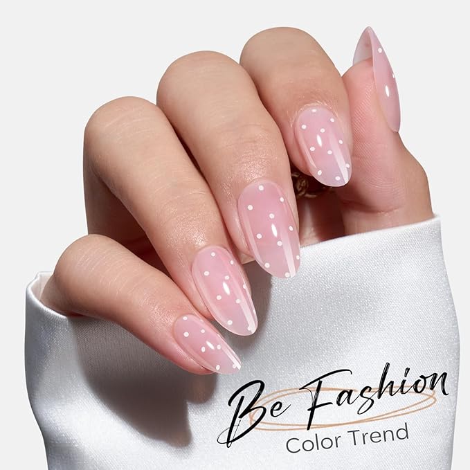Modelones Pink Valentine Press on Nails Almond, Polka Dot Short Fake Nails, Reusable Nail Kit with Nail Glue Adhesive Tabs Mini Nail File, Nails Press Ons 32Pcs 16size, Women Girl Gift ﻿