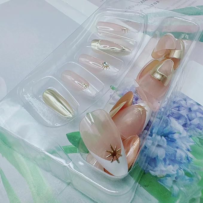 BSBTBZ White French Press on Nails Almond Chrome Gold False Nails with Star Rhinestones Nail Charms Designs Acrylic Nude Full Over Stick on Nails Glossy Artificial Nails for Women Manicure