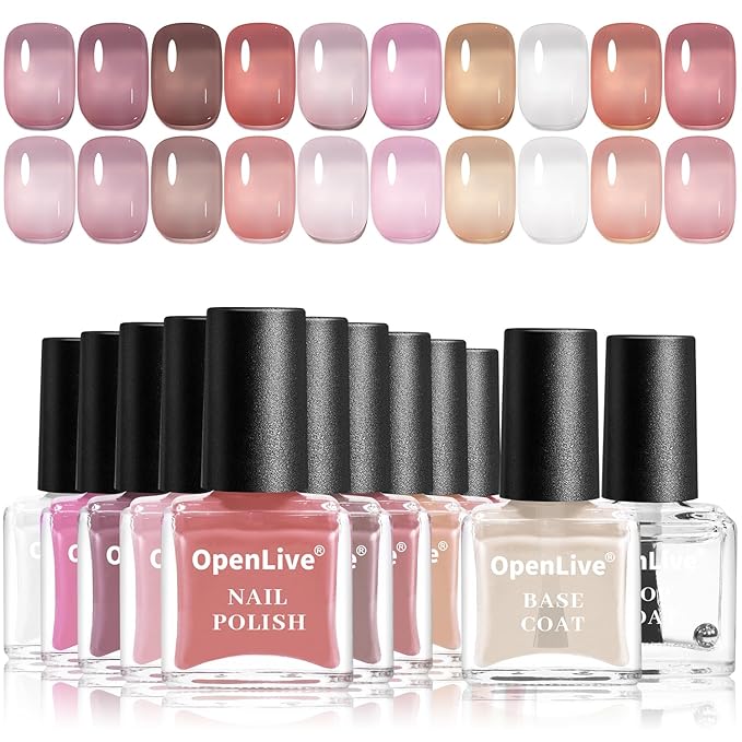 OpenLive Jelly Nail Polish Set, 10 Color With 2Pcs Base and Top Coat Quick Dry High Gloss Shine Nail Polish Non Gel Translucent Milky White Nude Pink Color Holiday Gift Giving