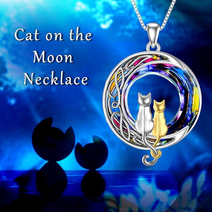 TOUPOP Cat Gifts for Cat Lovers One Two Three Four Cats Necklace Sterling Silver Cats on the Moon Pendant Necklace with Blue Circle Crystal Birthday Christmas Celtic Jewelry Gifts for Women