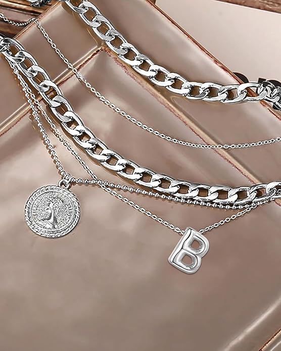 MJartoria Layered Necklaces for Women Trendy Balloon Initial Coin Pendant Necklace Dainty Chunky Chain Choker Necklaces Jewelry Birthday Gifts