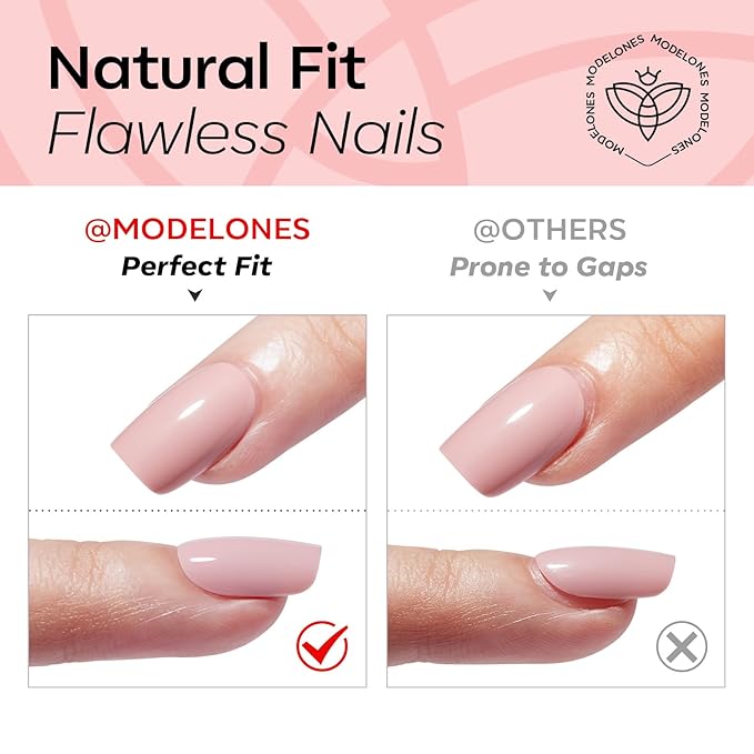 Modelones 32Pcs Nude Pink Press on Nails Almond, Valentine's Day Pearl Chrome Short Almond Fake Nails, Reusable Nail Kit with Nail Glue Adhesive Tabs Mini Nail File, Nails Press Ons 16 Sizes