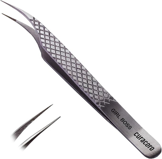 Curacoro Lash Tweezer - Professional & Precision Fiber Tip Grip Lash Tweezers for Eyelash Extensions, Multi Shapes & Purposes Tweezers for Volume, Isolation & Classic Lashes (Silver, Girl Boss)
