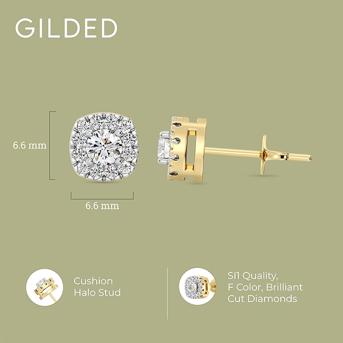 Gilded Lab-Grown Diamond Sterling Silver and 14KT Yellow Gold Plated Silver Stud Earrings for Women | Cushion Halo Shaped Studs | Hypoallergenic Fine Jewelry | Prong Setting, Push Back Nut | SI1 Clarity, F Color 1/4, 1/2, ,1 Carat Total Weight
