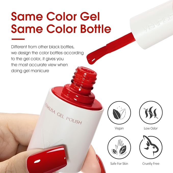 VENALISA Red Gel Nail Polish, 1 Pcs Red Gel Polish Bright Color High Gloss Soak Off U V Nail Manicure Salon and DIY at Home Gifts for Women