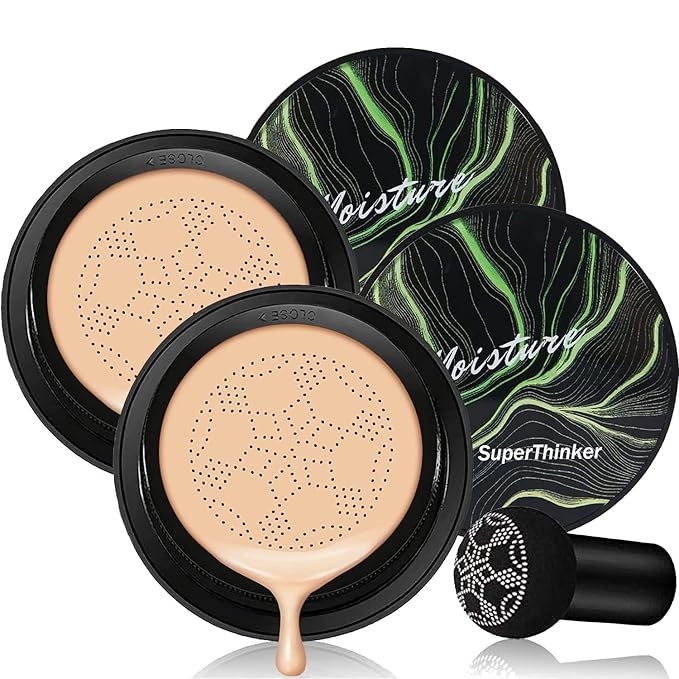 Air Cushion CC Cream Mushroom Head Foundation Makeup, BB Cream Face Makeup Foundation Natural Coverage, Moisturizing Matte Concealer, Tattoo cover up, Even Skin Tone for All Skin Types(2 PCS Natural)