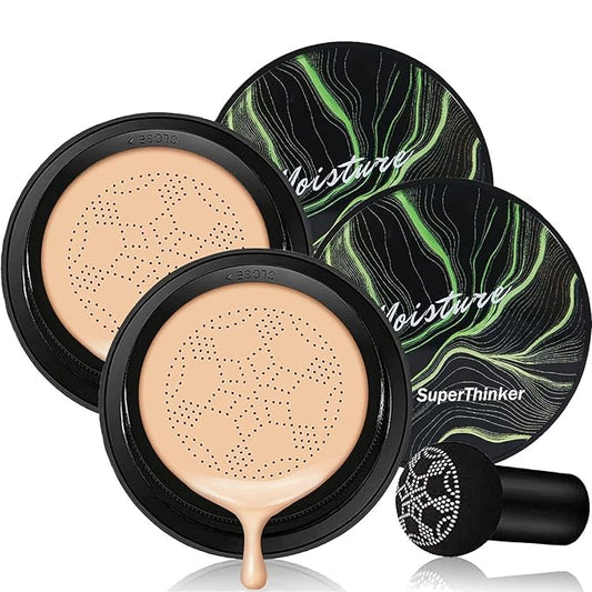 Air Cushion CC Cream Mushroom Head Foundation Makeup, BB Cream Face Makeup Foundation Natural Coverage, Moisturizing Matte Concealer, Tattoo cover up, Even Skin Tone for All Skin Types(2 PCS Natural)