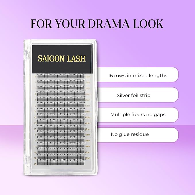 SAIGON LASH Feather Effect Promade Fans – 9D Wispy Volume Lashes, CC Curl 0.07, Mixed Length 6–13mm, Loose Handmade Extensions for Lash Artists (Dark chocolate-CC-0.07-6 - 13mm)
