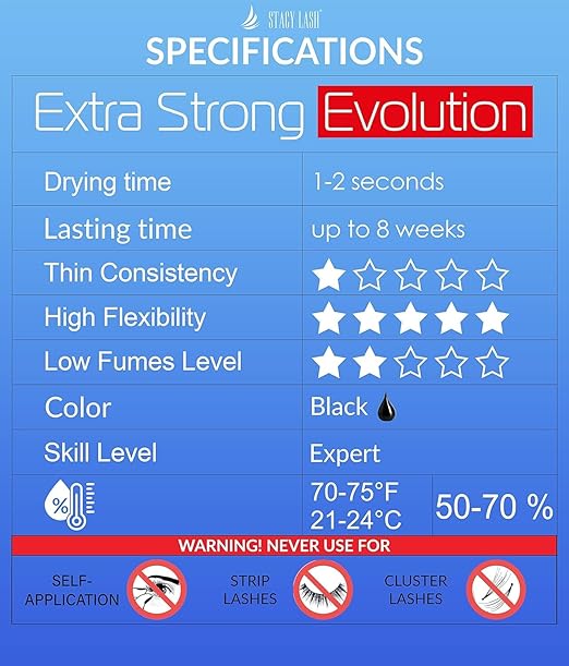 STACY LASH Extra Strong Evolution Eyelash Extension Glue (0.34 fl.oz/10 ml)/1-2 Sec Dry/Retention – 8 Weeks/Professional Supplies/Black Adhesive