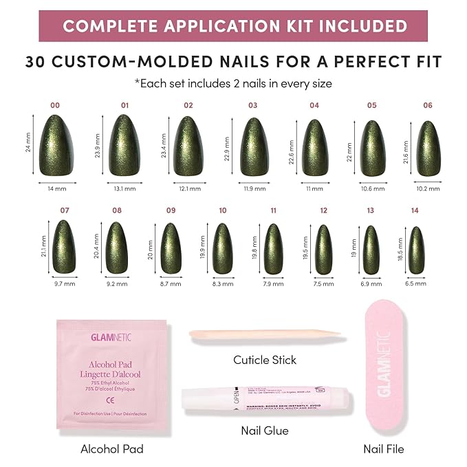 Glamnetic Press On Nails - Cutie Pine | Medium Almond Fake Nails in Deep Evergreen with a Pearl Chrome Finish, Salon Quality Holiday Winter Nails | 15 Sizes - 30 Nail Kit with Glue