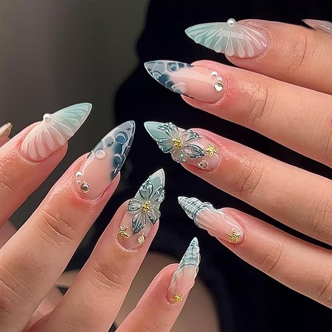 JONKASIPA 24 Pcs French Press On Nails, Medium Length Almond Shape Fake Nails, 3D Flower Nail Decoration Full Coverage Blue Patch Nails Artificial Nails For Women