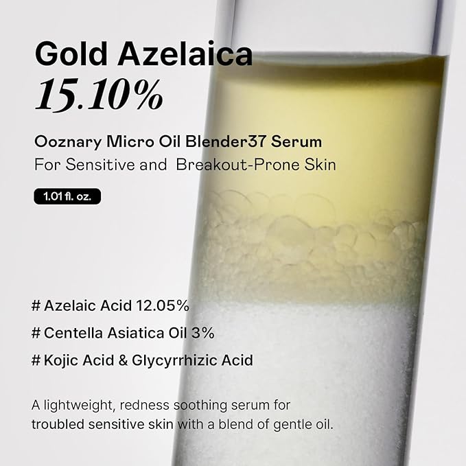 Azelaic Micro Oil Blender 37 Serum with 12% Azelaic Acid, 3% Centella Oil & Kojic Acid for Redness and Troubled Sensitive skinㅣA low-irritant & Soothing Korean Skincare – 1.01 fl oz / 30ml
