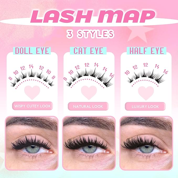 Lash Clusters Thick Manga Lash Clusters Thin Band Spiky Doll Eyelash Clusters with Crisscross Doe Eyed Spike 132 Pcs Individual Lashes for DIY Cosplay Japan Korean Eyelash Extensions (Lily)